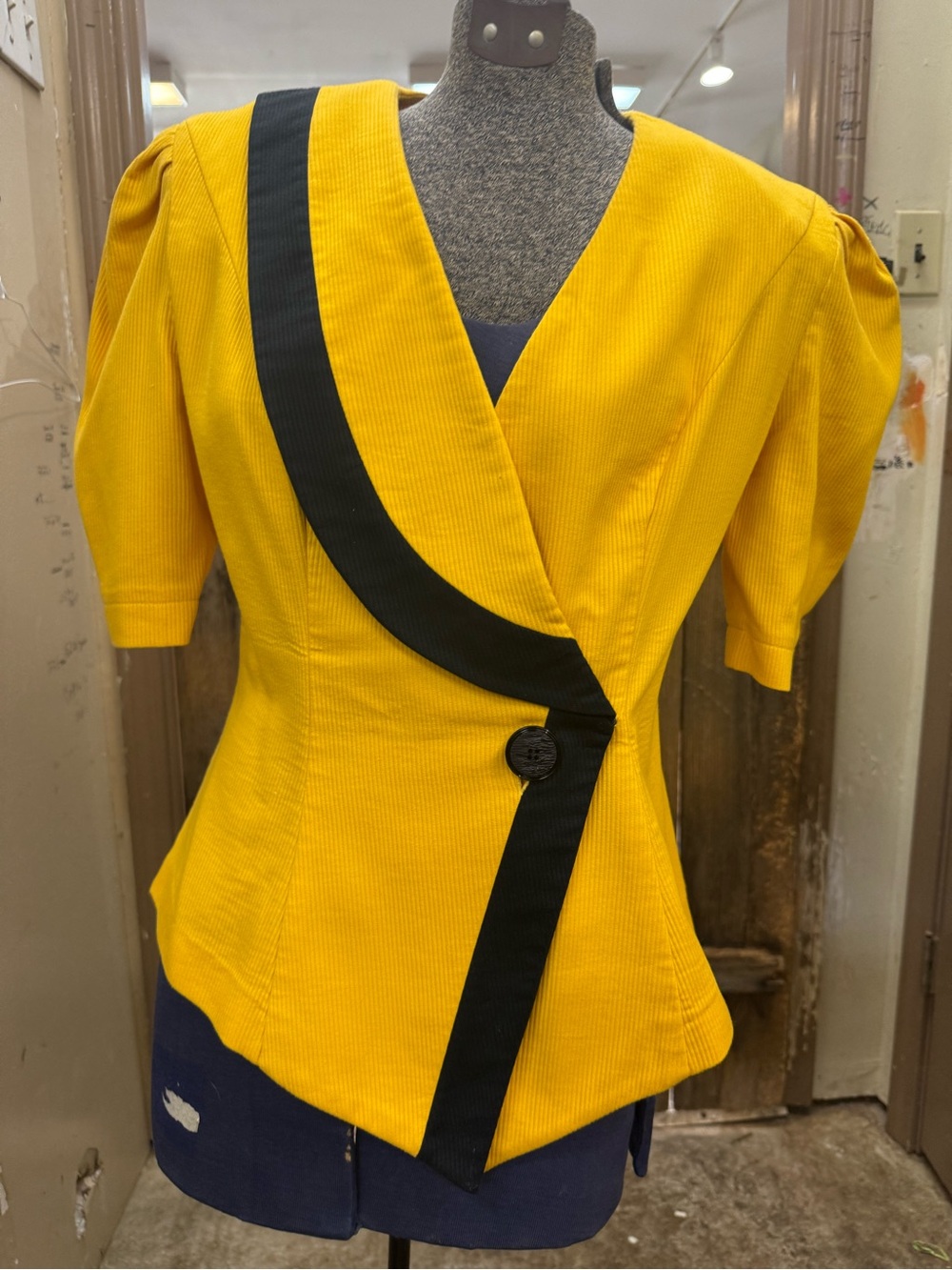 Vintage Donna Morgan Bright Yellow Wrap-Style Blazer Top with Black Stripe